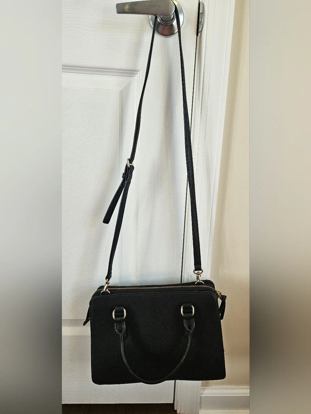 kate spade black pebbled leather satchel with gold accents